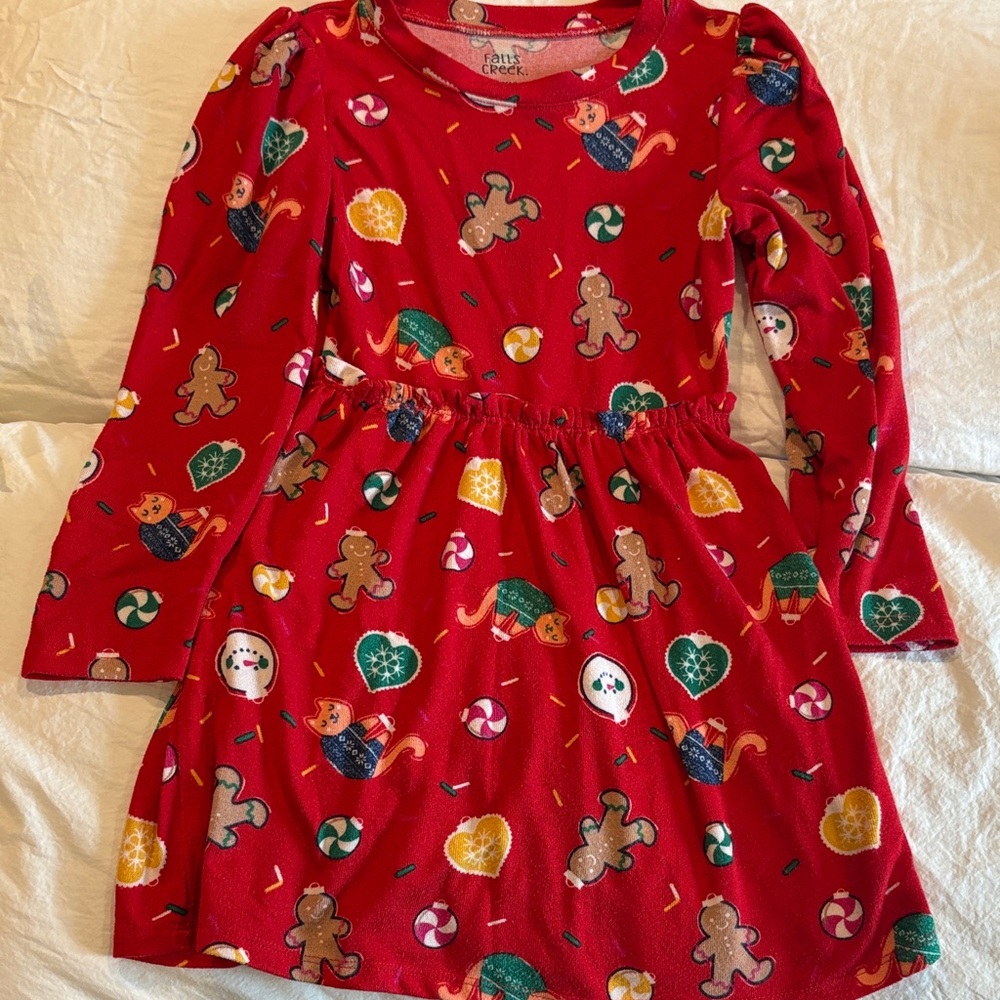 Red Holiday Dress with Festive Gingerbread Snowman Cat Print